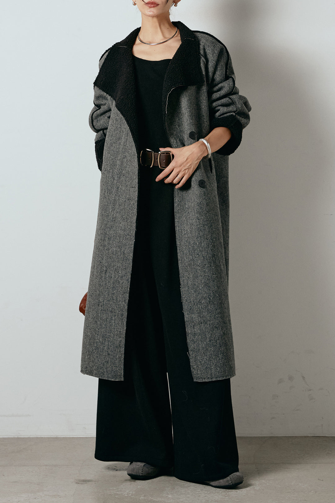 [SET]裏地ボアハイネックロングアウター+フェイクレザー太ベルト付きタックワイドパンツ(2set)