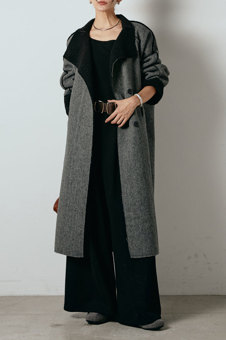 [SET]裏地ボアハイネックロングアウター+フェイクレザー太ベルト付きタックワイドパンツ(2set)