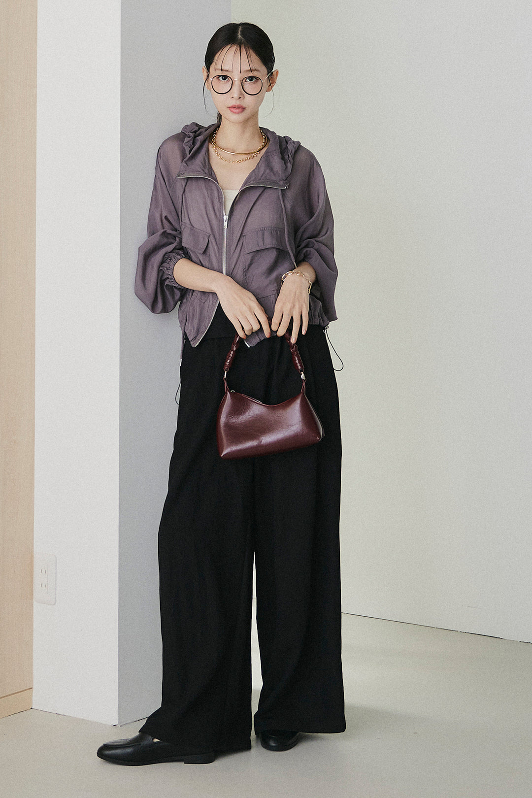 [SET]裾ドロストシアーWジップフーディーブルゾン+ウエスト折り返しワイドパンツ(2set)