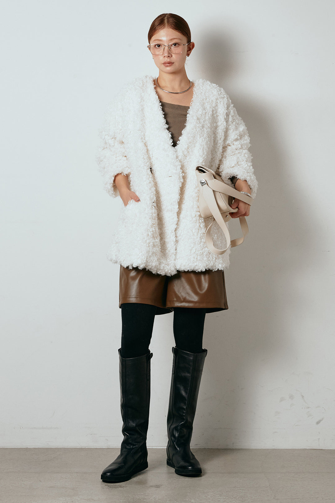 [SET]シープライクファージャケット+ストレッチエコレザーバミューダパンツ(2set)