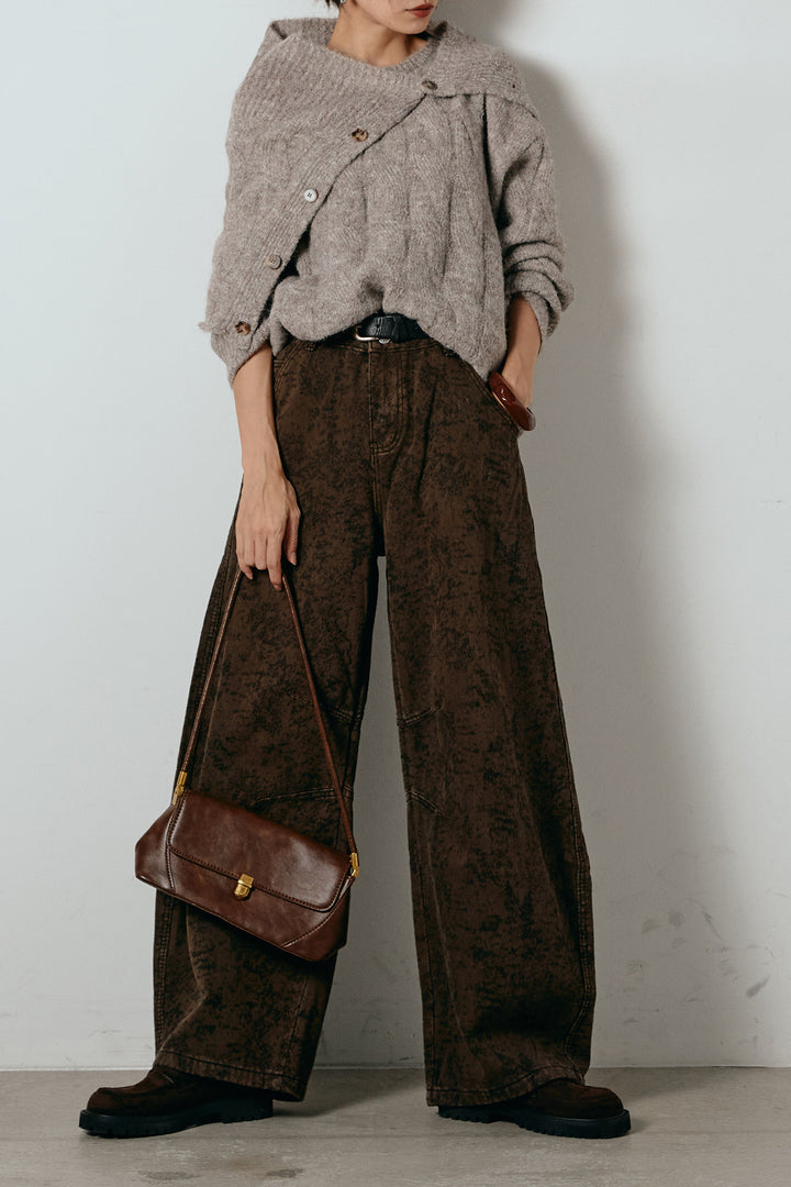 [SET]ケープデザインケーブルニットトップス+ベルト付きニュアンス柄カーブワイドパンツ(2set)