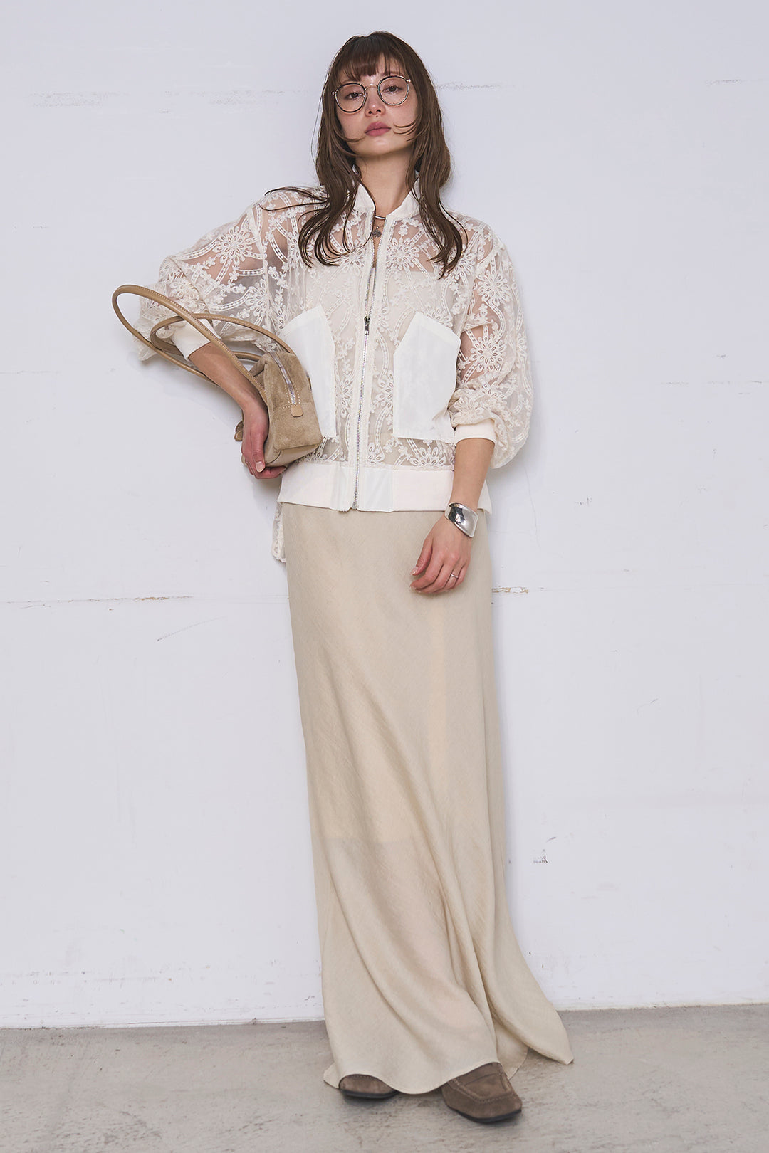 [SET]ノーカラーレースブルゾン+リネンブレンドロングナロースカート(2set)