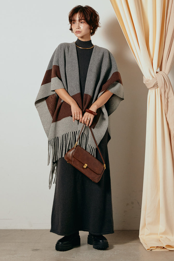 [SET]裾フリンジ柄ポンチョアウター+ノースリーブニットロングワンピース(2set)