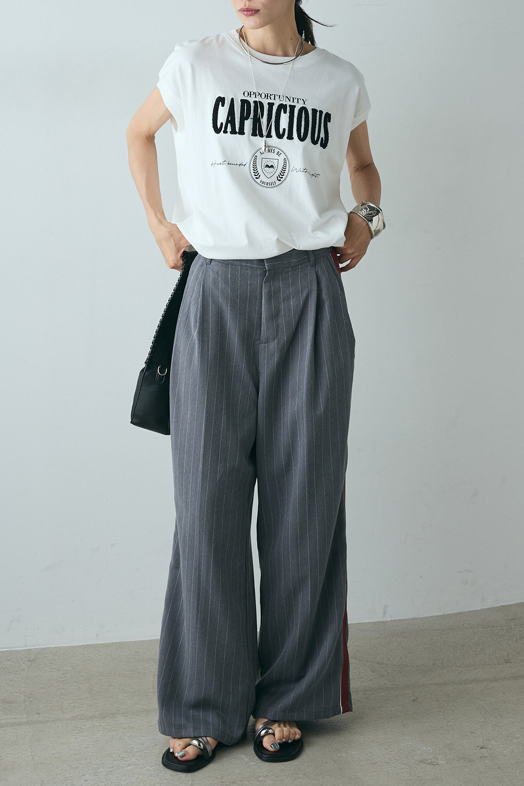 [SET]サガラ刺繍フレンチスリーブTシャツ+ピンストライプサイドラインワイドパンツ(2set)