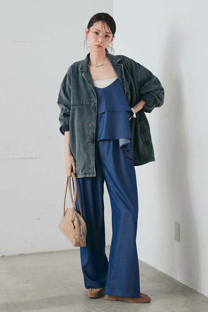 [SET]オーバーデニムジャケット+デニムライクツイルタックパンツ+デニムライクツイルティアードキャミソール(3set)