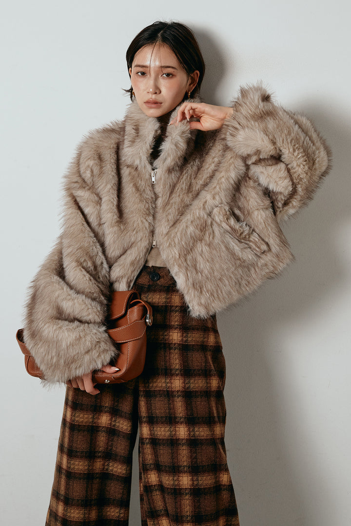 [SET]エコファーショート丈ブルゾン+ルーズタータンチェックワイドパンツ(2set)