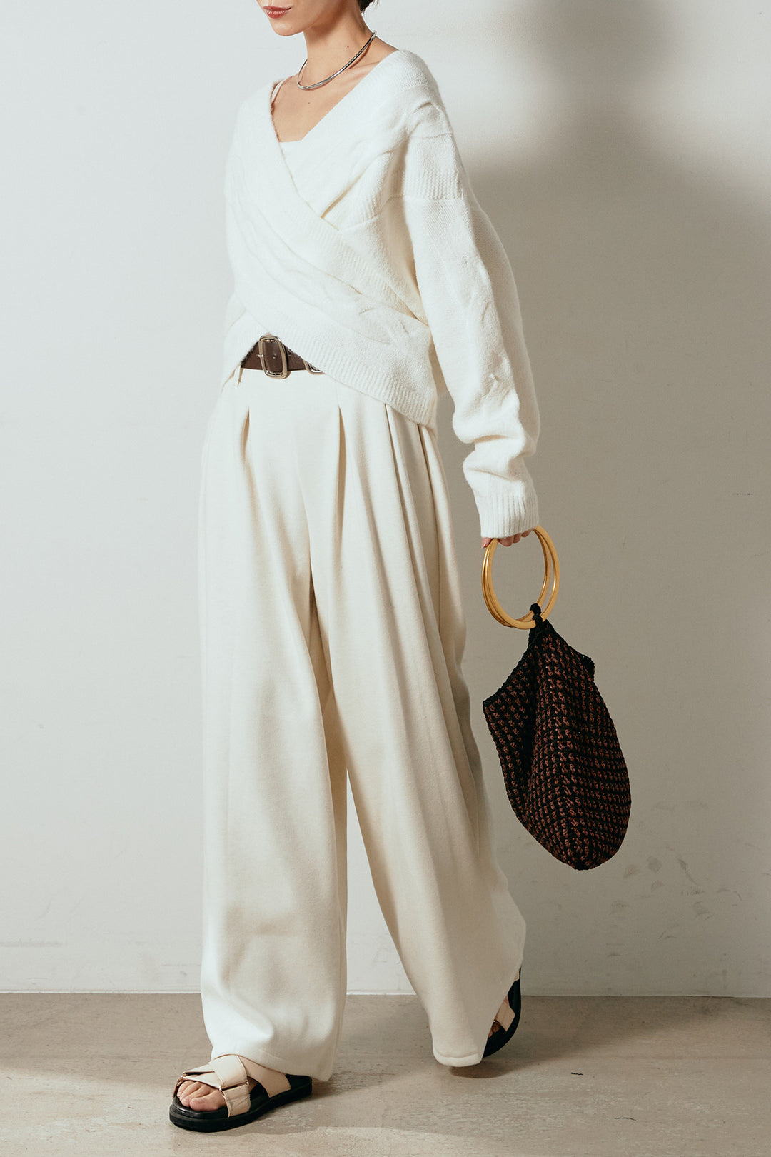 [SET]ケーブルカシュクールニットトップス+フェイクレザー太ベルト付きタックワイドパンツ(2set)