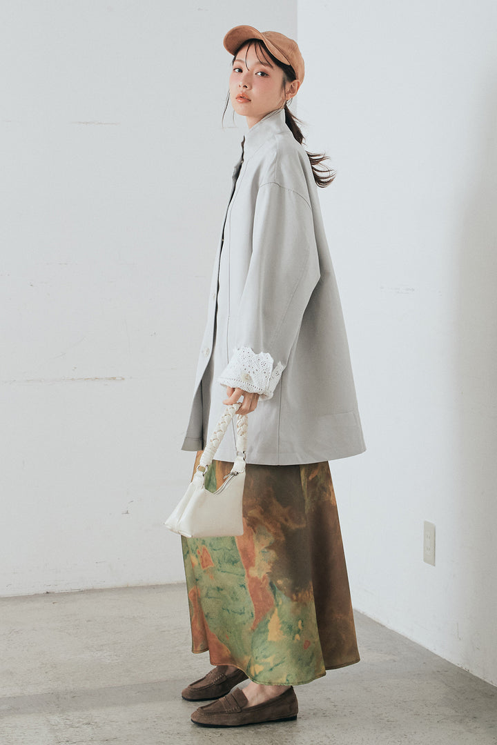 [SET]袖折り返しレースデザインアウター+ニュアンス柄サテンスカート(2set)