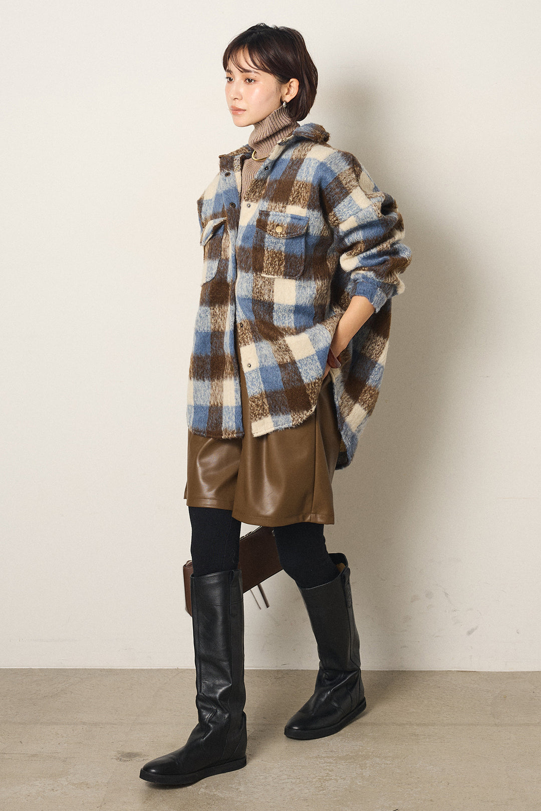 [SET]起毛チェック柄ポケットアウター+ストレッチエコレザーバミューダパンツ(2set)