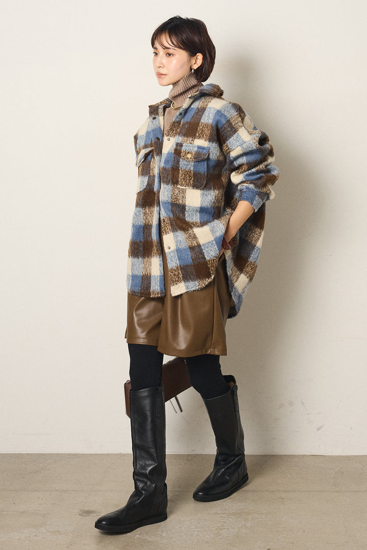 [SET]起毛チェック柄ポケットアウター+ストレッチエコレザーバミューダパンツ(2set)