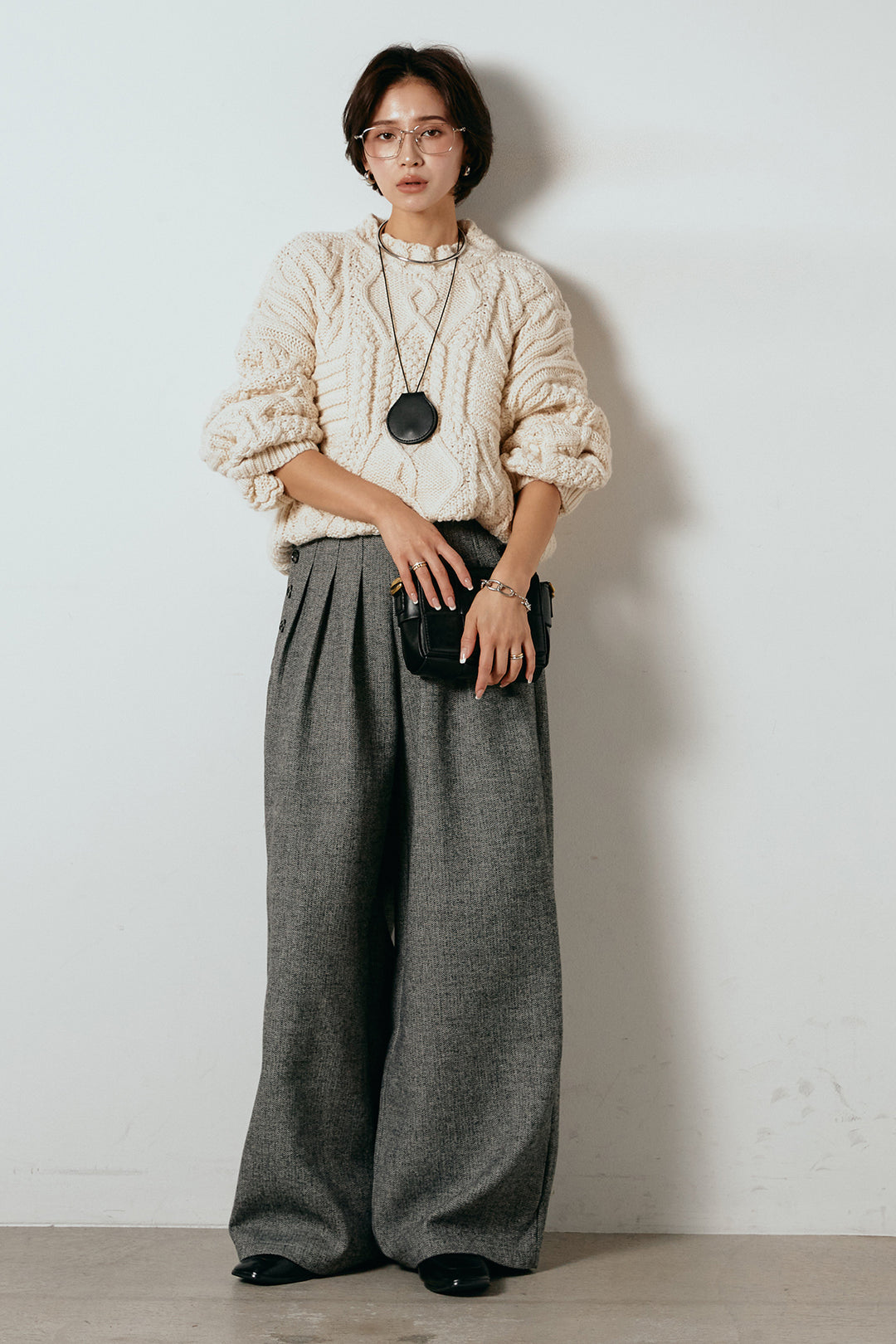 [SET]アラン柄ミックスケーブルニット+サイドボタンツイードタックパンツ(2set)