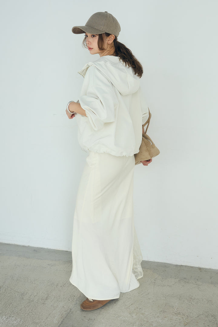 [SET]ネック裾絞りブルゾンアウター+刺繍レースデザインサテンスカート(2set)