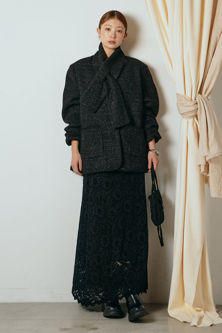 [SET]ノーカラーマフラーバッグ付きアウター+花柄刺繍ベロアフレアスカート(2set)