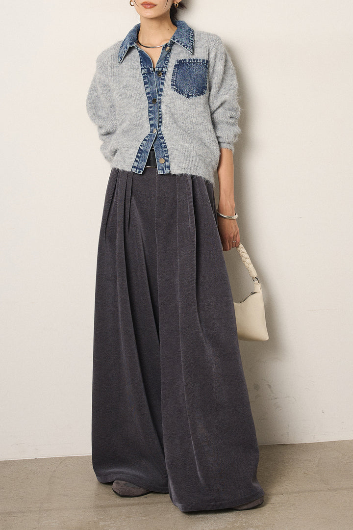 [SET]襟付きデニム切替ニットカーディガン+ベルトループコーデュロイワイドパンツ(2set)