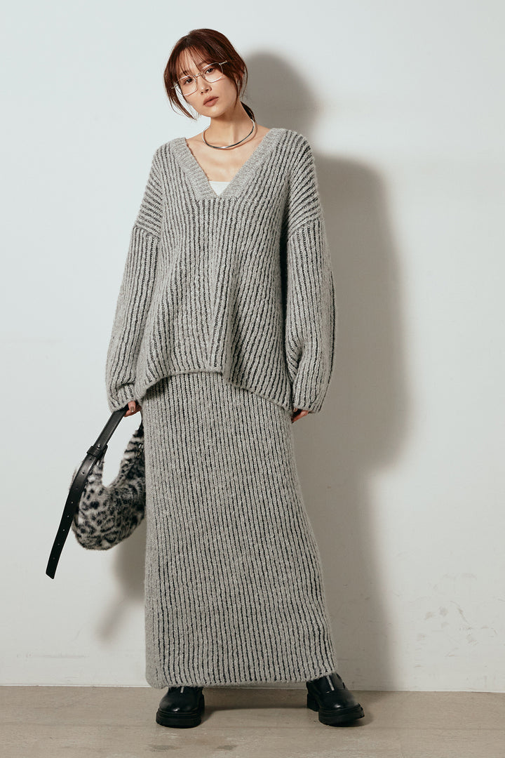 [SET]アルパカタッチ深Vニットトップス+アルパカタッチニットタイトスカート(2set)