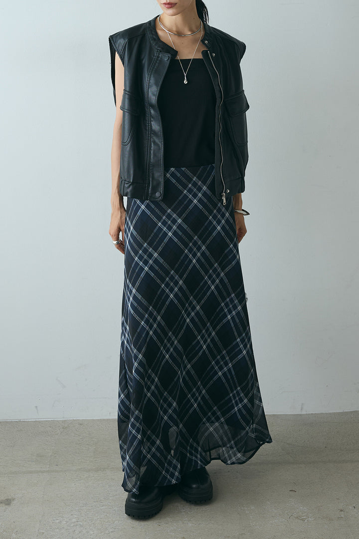 [SET]バンドカラーフェイクレザーベスト+マルチ柄シアースカート(2set)