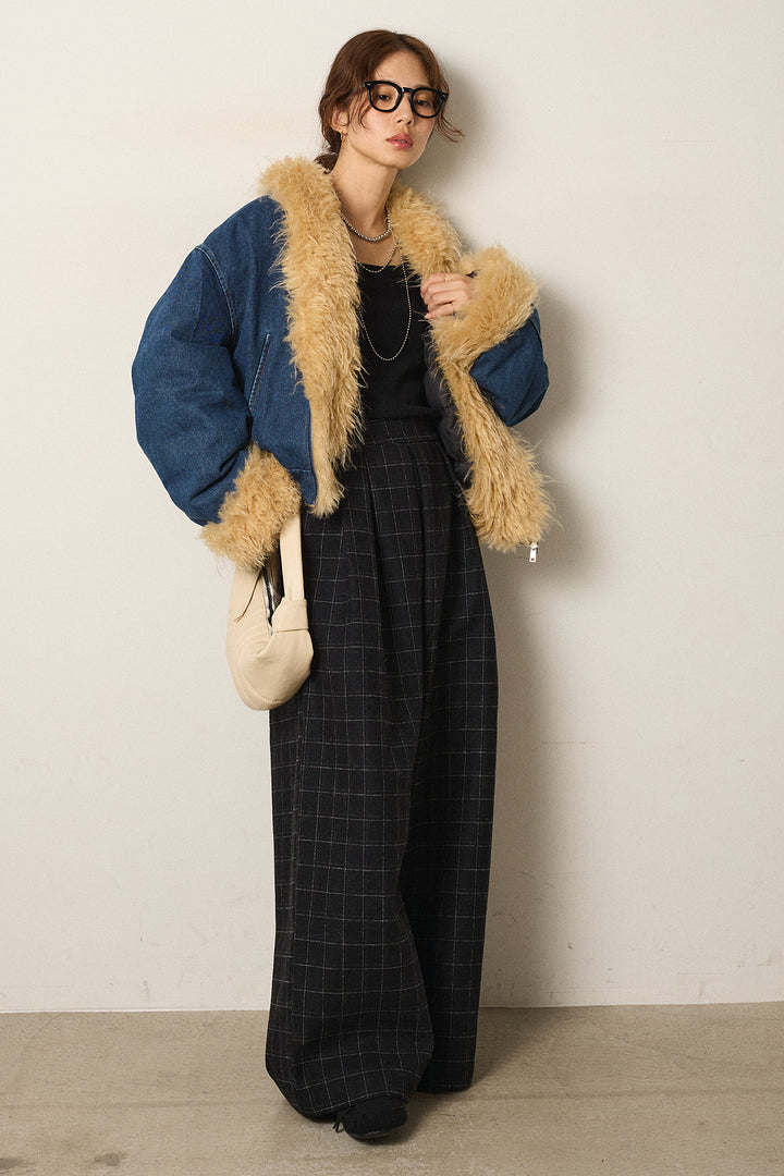 [SET]エコファーデニムボアジャケット+ウールライクチェックタックパンツ(2set)