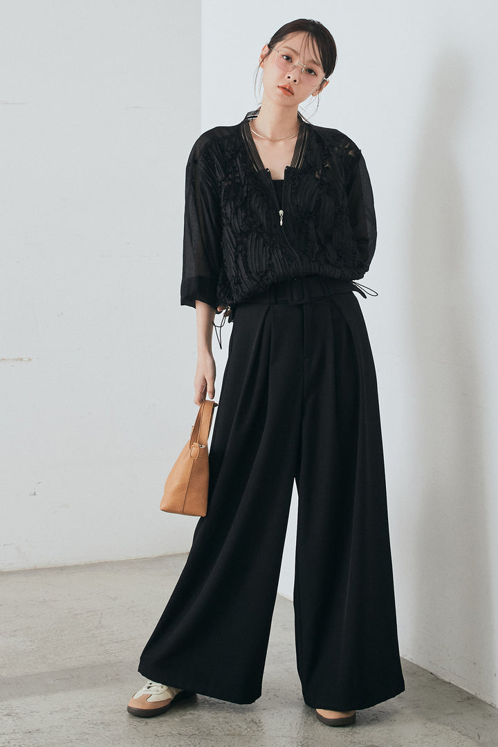 [SET]モチーフ付きシアーブルゾン+ベルト付きツータックワイドパンツ(2set)