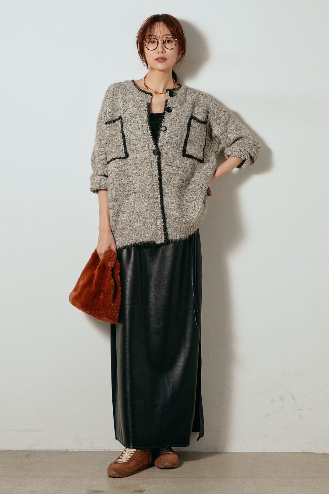 [SET]ミックスニットポケットカーディガン+紐付きフェイクレザーワイドスカート(2set)