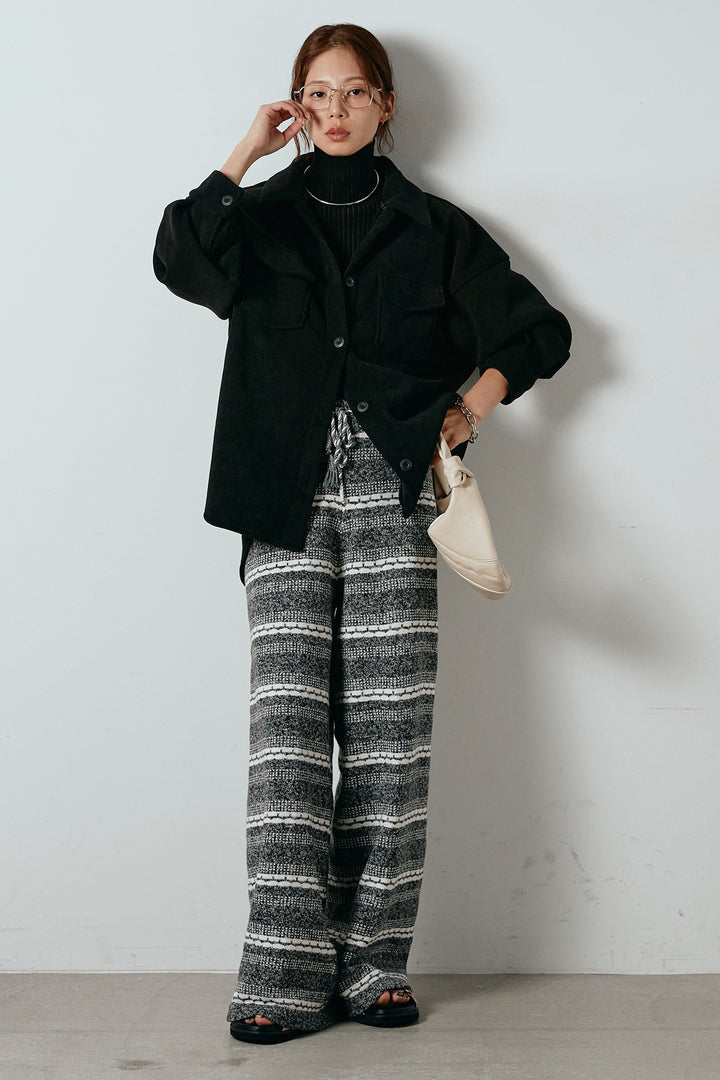 [SET]襟付きコーデュロイポケットシャツ+マルチライン柄リラックスニットパンツ(2set)