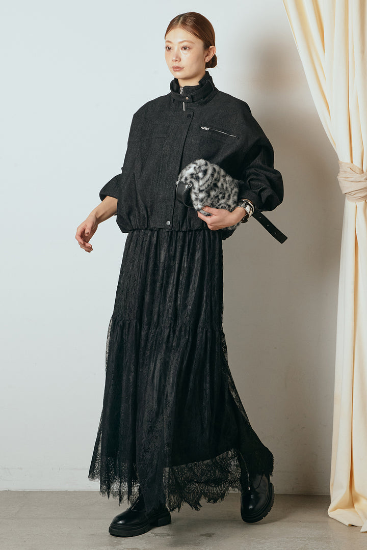 [SET]デニム調ハイネックブルゾン+ひげレース切替ロング丈スカート(2set)