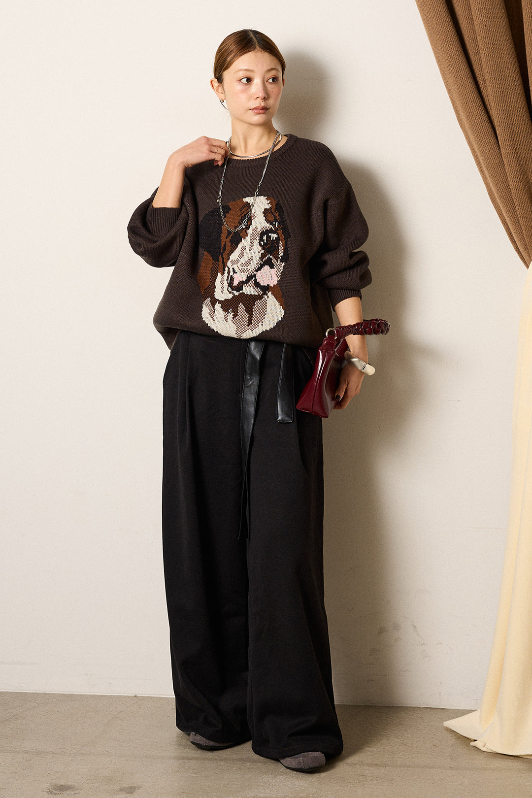 [SET]アニマルジャガード柄ニットトップス+巻ベルトウエストレザーライクワイドパンツ(2set)