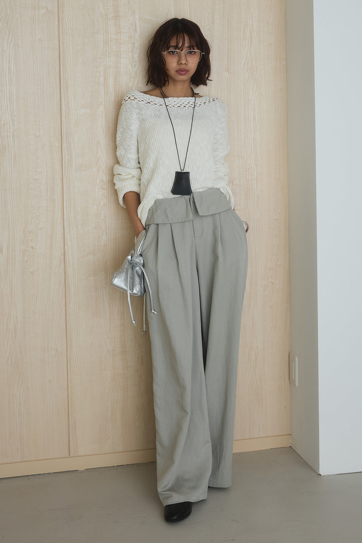 [SET]ネック編みデザインニットトップス+ウエスト折り返しワイドパンツ(2set)