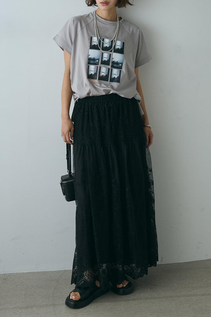 [SET]フォトプリントラグランTシャツ+ミックスレース刺繍スカート(2set)