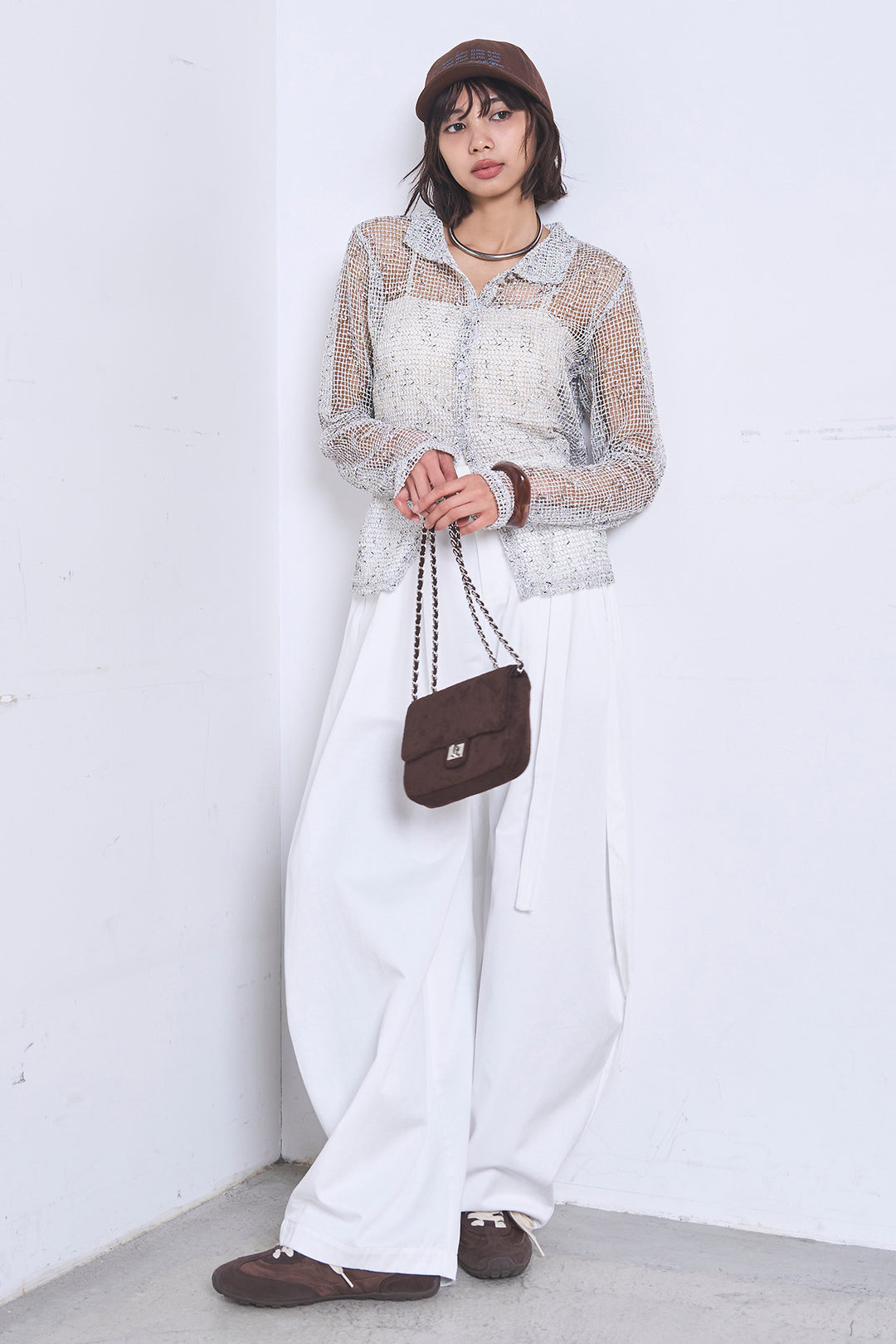 [SET]ネップメッシュポロ襟カーディガン+紐ベルト付きカーブワイドパンツ(2set)