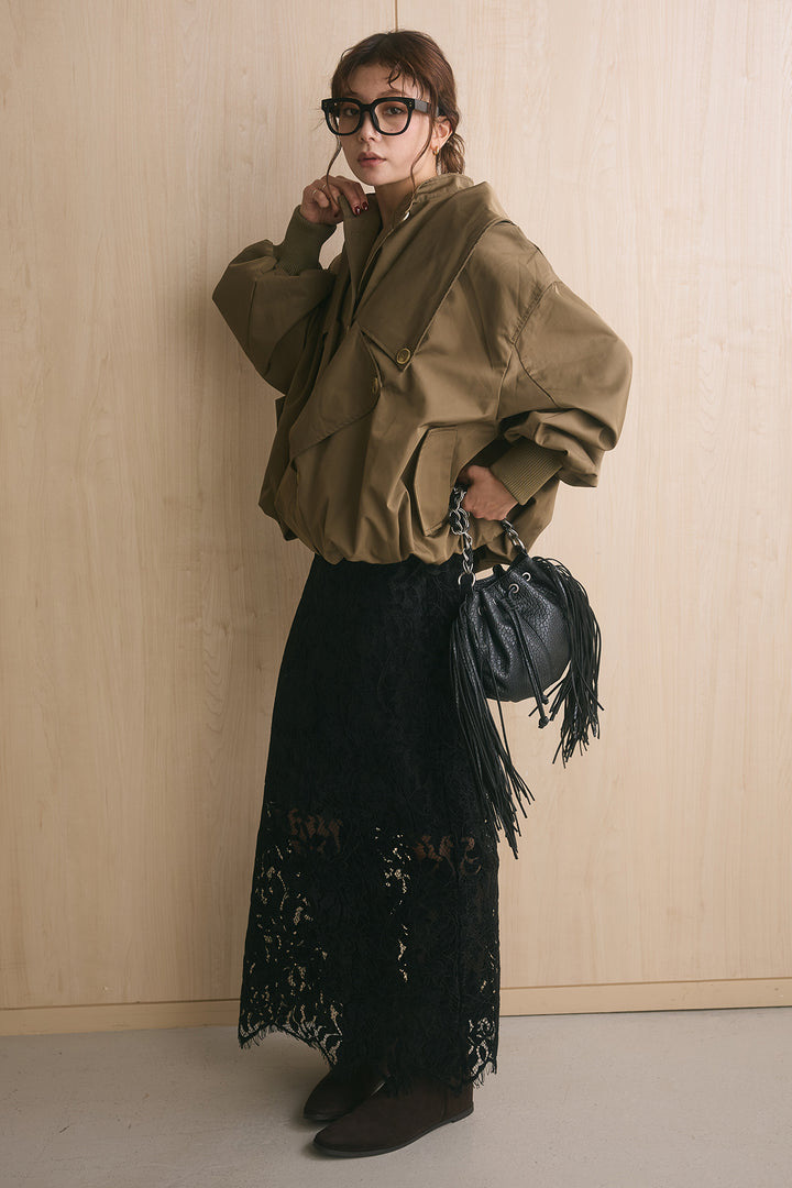 [SET]パフスリーブバルーンブルゾン+リーフ柄ベロアレーススカート(2set)
