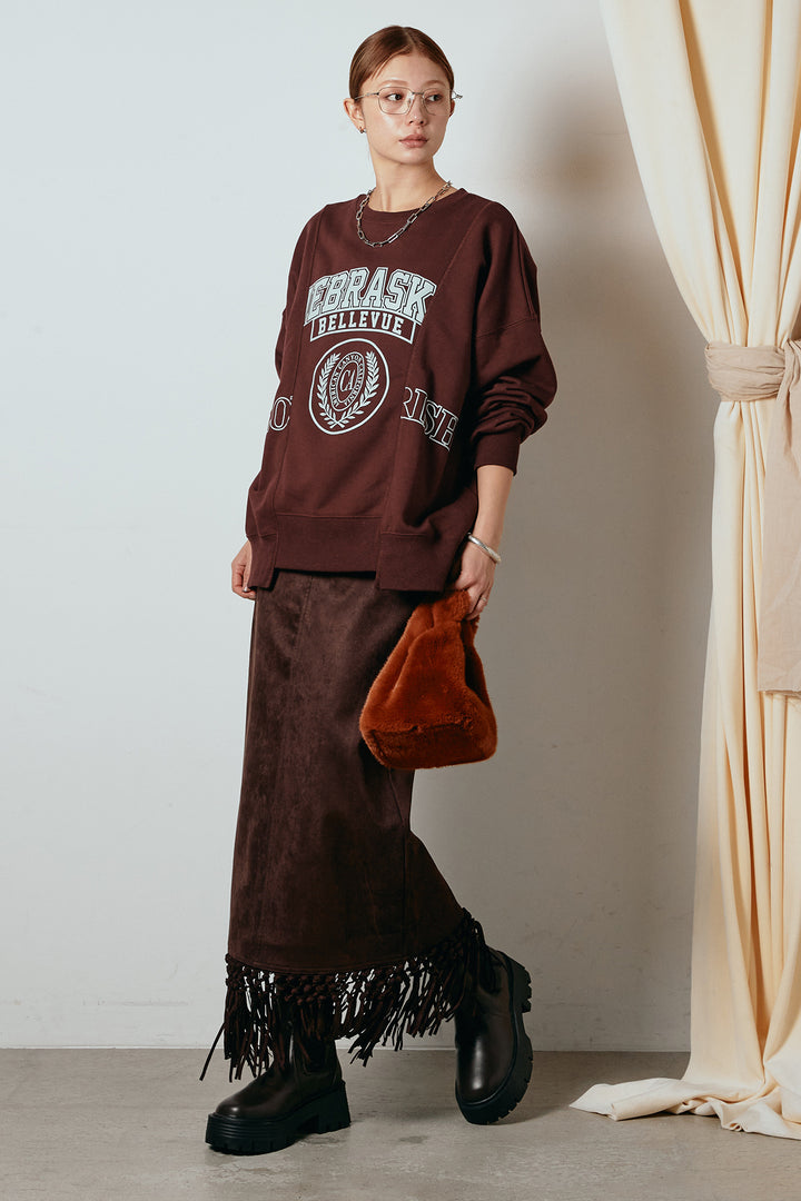 [SET]裏毛カレッジプリントプルオーバー+スウェードライク裾フリンジスカート(2set)