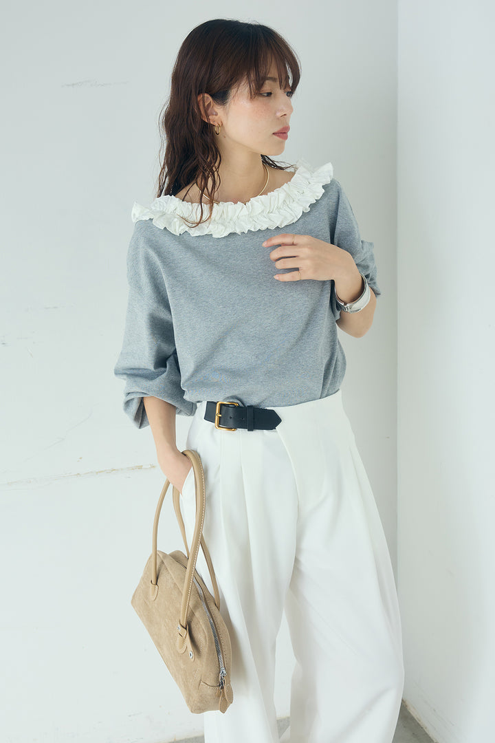 [SET]ネックギャザーフリルスウェット+サイドベルトタック入りスラックス(2set)