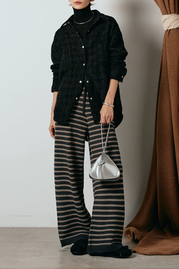 [SET]ルーズクラッシュツイルシャツ+リブニットシームレスタートルプルオーバー+ボーダーリラックスニットパンツ(3set)