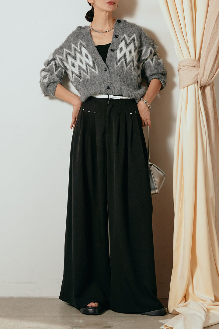 [SET]起毛ノルディック柄ニットカーディガン+ウエストステッチデザインワイドスラックス(2set)