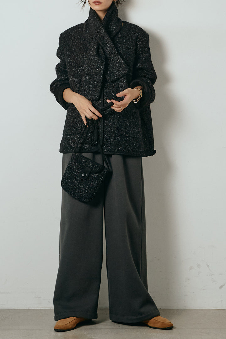 [SET]ノーカラーマフラーバッグ付きアウター+裏起毛スウェットワイドパンツ(2set)