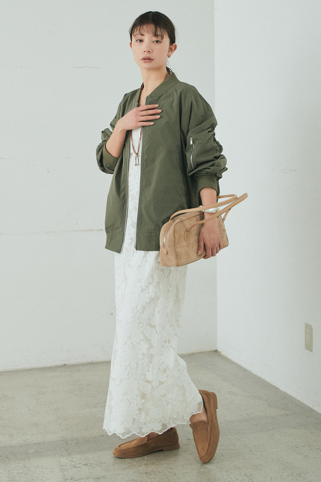 [SET]袖シャーリングオーバーサイズMA1+総レースキャミワンピース(2set)