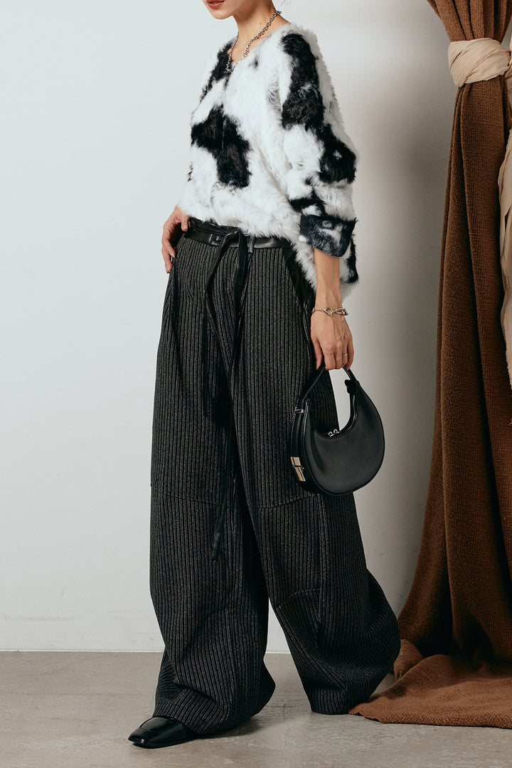 [SET]タイダイ柄シャギーニットトップス+レザーライク配色ストライプパンツ(2set)