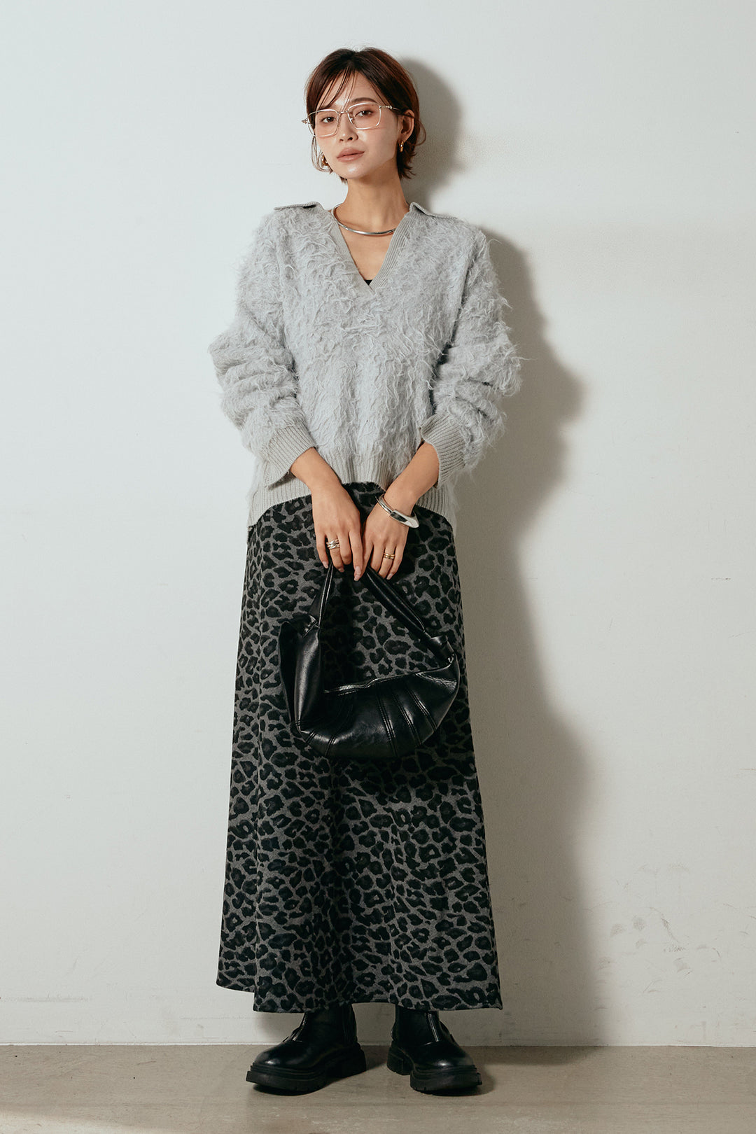 [SET]襟付きシャギーニットポロトップス+レオパードロングスカート(2set)