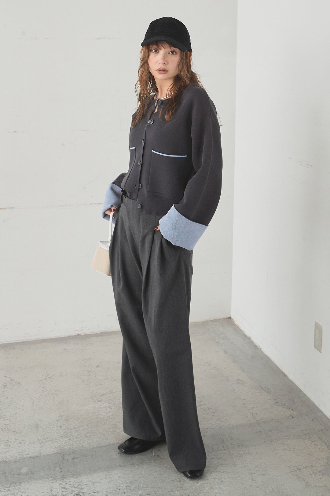 [SET]レーヨンポリダブルフェイスカーディガン+サイドベルトタック入りスラックス(2set)