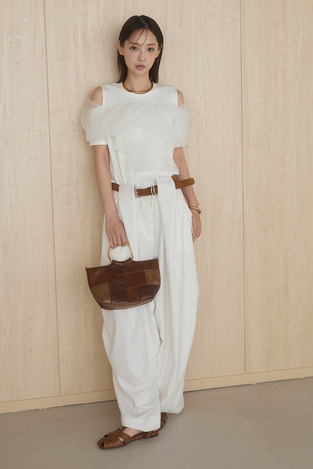 [SET]シアーレイヤーデザインカットソー+ベルトループワイドパンツ(2set)