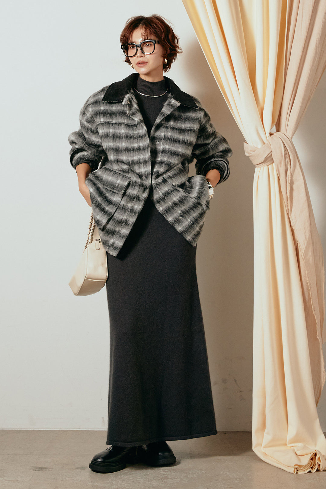 [SET]チェックシャギーミドルカバーオール+ノースリーブニットロングワンピース(2set)