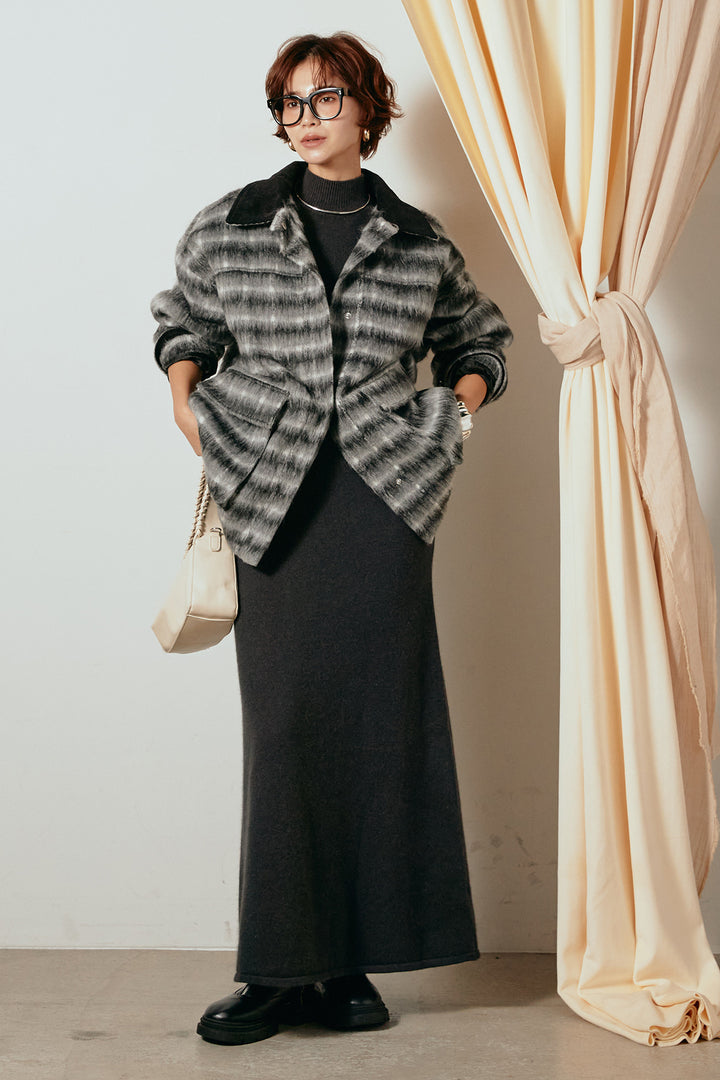 [SET]チェックシャギーミドルカバーオール+ノースリーブニットロングワンピース(2set)