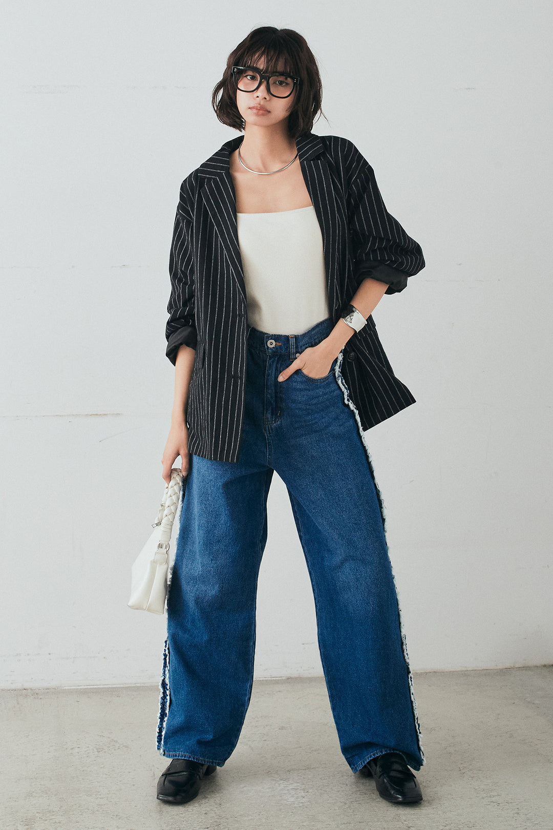 [SET]リネンライクストライプテーラードジャケット+デニムサイドフリルパンツ(2set)