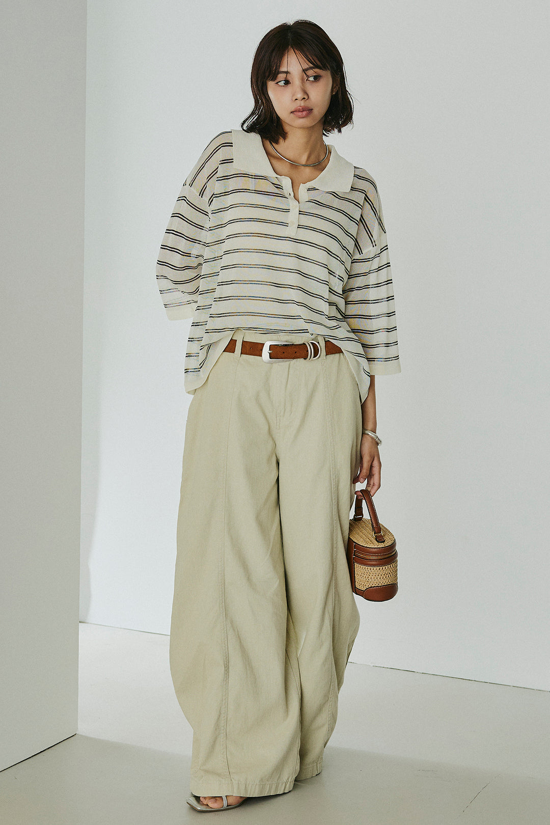 [SET]ボーダーニットポロシャツ+サイドベルトカーブワイドパンツ(2set)