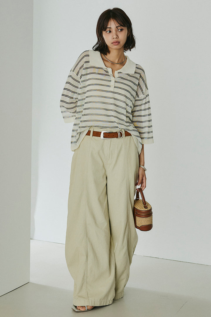 [SET]ボーダーニットポロシャツ+サイドベルトカーブワイドパンツ(2set)