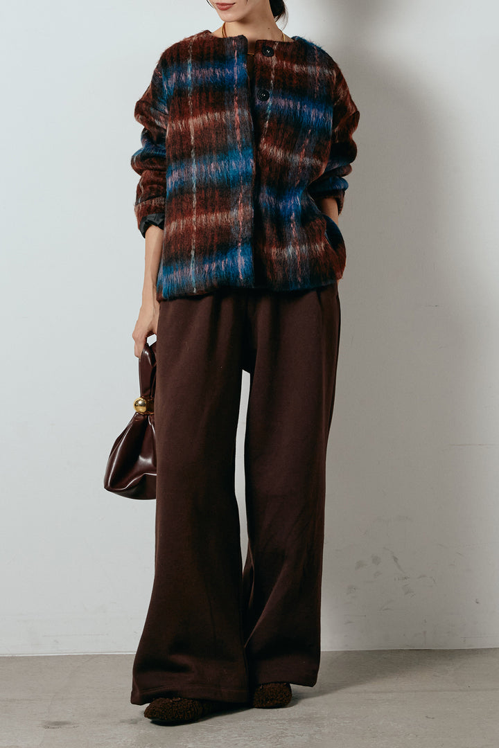 [SET]ノーカラーシャギーチェックアウター+裏起毛スウェットワイドパンツ(2set)