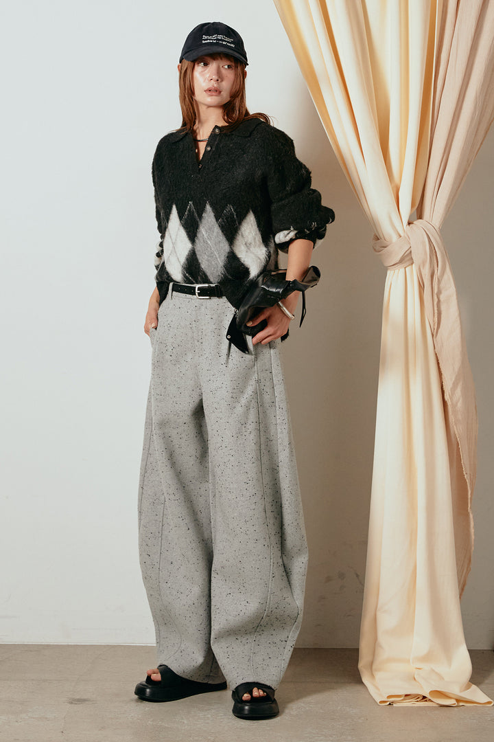 [SET]アーガイル柄ポロニットトップス+ベルト付きネップツイードカーブパンツ(2set)