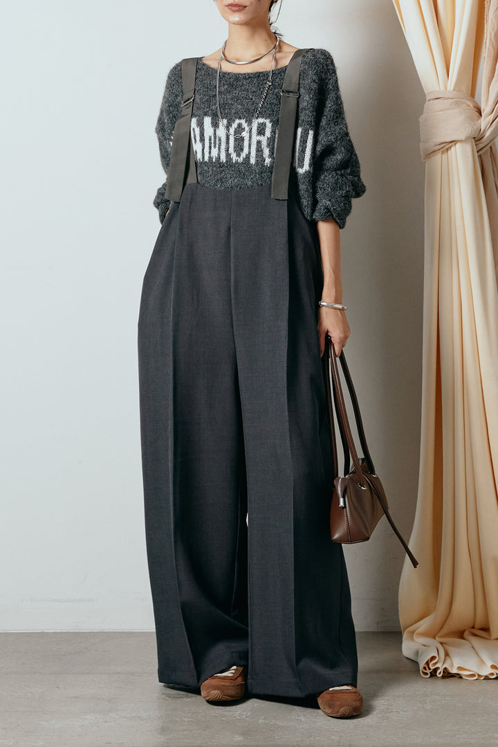 [SET]フロントロゴデザインニットトップス+ワイドツイルサロペット(2set)