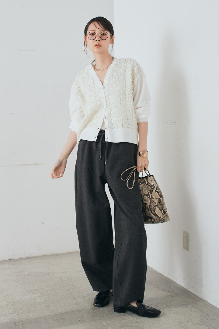 [SET]モコレースVネックカーディガン+カットダンボールウエストフリルカーブパンツ(2set)