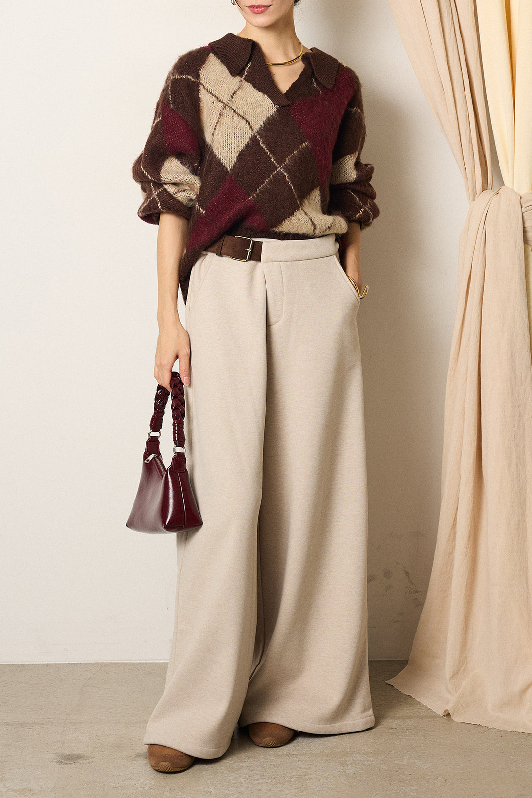 [SET]アクリルモヘアアーガイルキーネックプルオーバー+サイドベルトパンツ(2set)